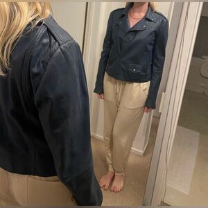 Women's Used Distressed Denim Blue Leather Moto Jacket. No rips or tears.